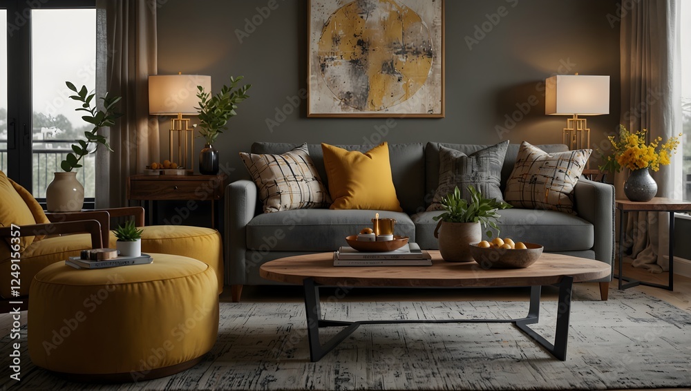 Obraz premium Contemporary living room with gray sofa, yellow pillows, abstract painting, and coordinating furniture