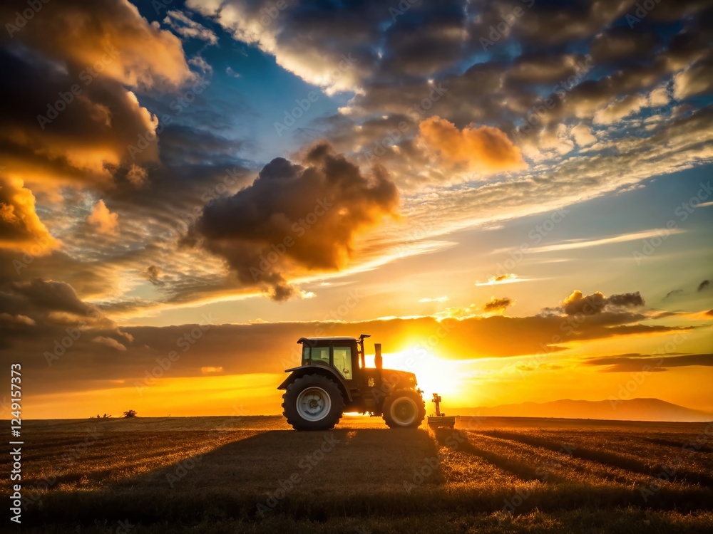 Fototapeta premium Rural Silhouette: Minimalist Black and White Tractor at Sunset