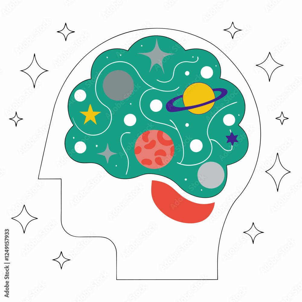 Fototapeta premium Colorful Cosmic Brain Illustration - Planets, Stars.