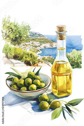 Watercolor image of an olive in a clay plate and olive oil on a landscape background