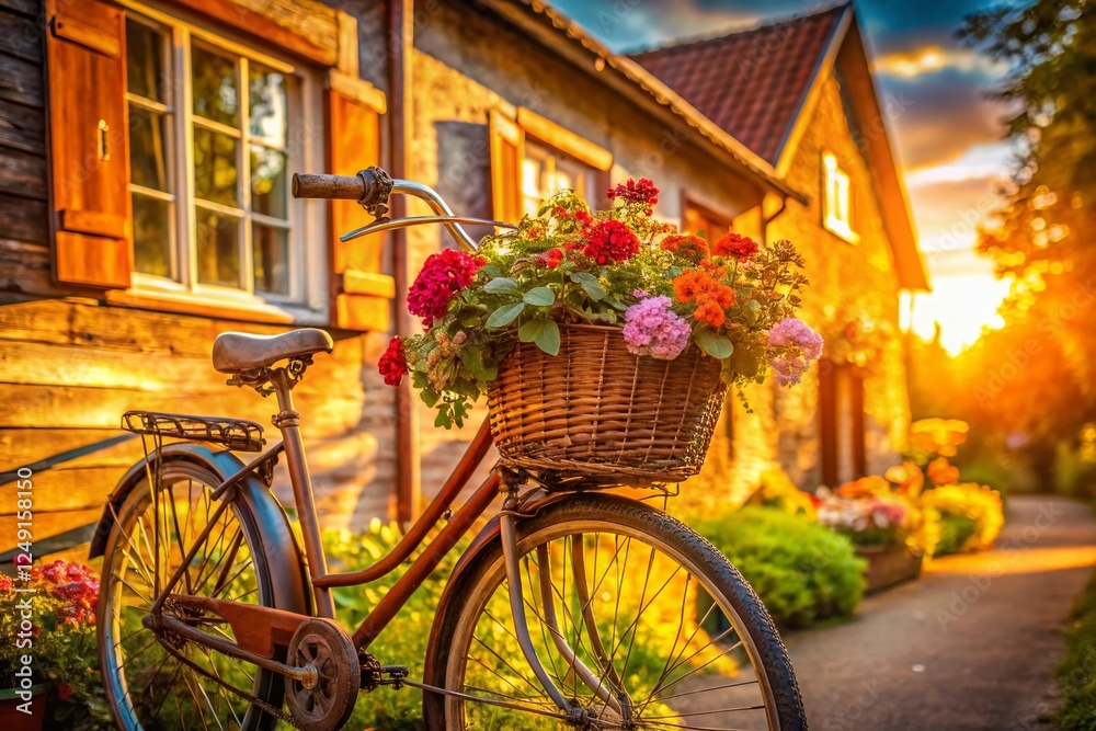 Rustic Charm: Old Bike Flower Basket House Decor Stock Photo Rustic Charm: Old Bike Flower Basket House Decor Stock Photo