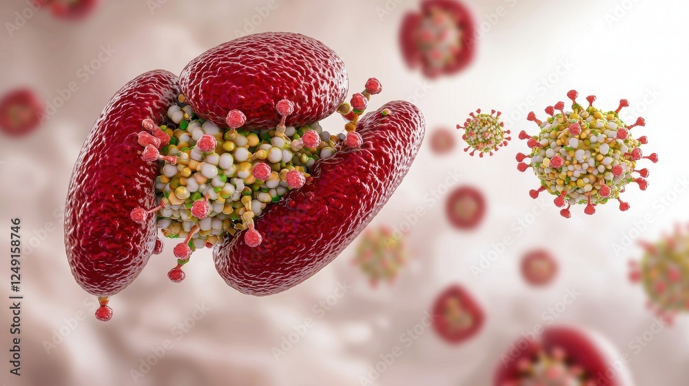 The image depicts a microscopic view of cells interacting with viruses, highlighting the complex dynamics of infection and cellular response. The image depicts a microscopic view of cells interacting with viruses, highlighting the complex dynamics of infection and cellular response.