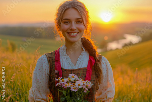 A joyful woman in a Bavarian dress holding flowers in a sunset field photo