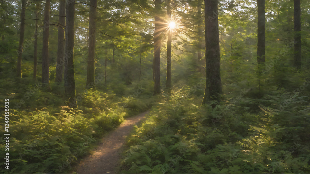 Fototapeta premium Sunlit in a forest before sunset end of summer