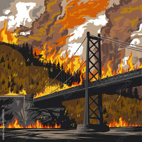 California Bridge Is On Fire And Mountain Forests Are Burning Vector Illustration