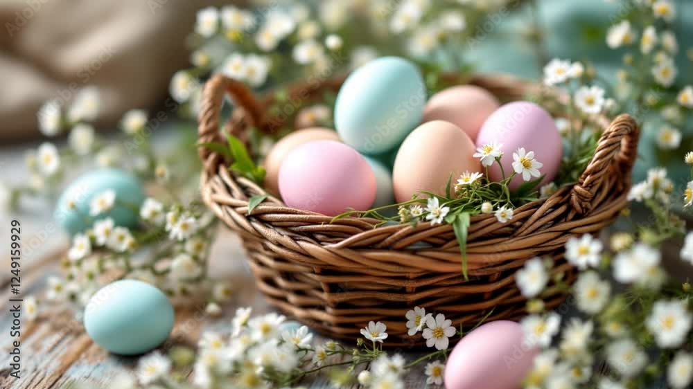 A basket filled with colorful Easter eggs and surrounded by white flowers on a wooden table. A basket filled with colorful Easter eggs and surrounded by white flowers on a wooden table.