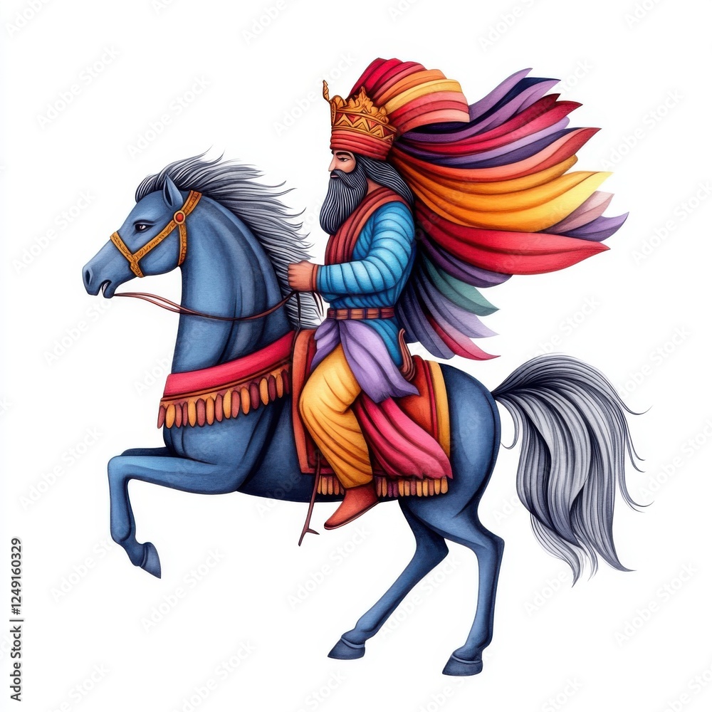 Fototapeta premium Colorful Royal Rider in Traditional Attire on Majestic Horse with Flowing Mane and Vibrant Background