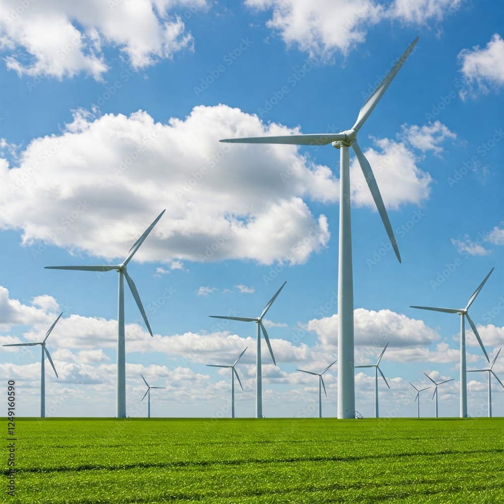 Giant wind turbines spinning in a green field with blue sky and renewable energy being generated Giant wind turbines spinning in a green field with blue sky and renewable energy being generated