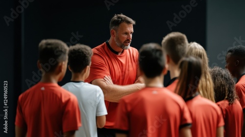 A man in an orange shirt is talking to a group of children