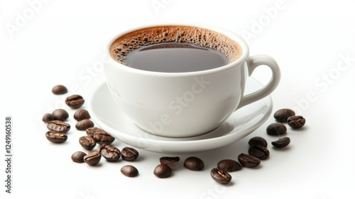 Savor the deep aroma and flavor of rich black coffee presented in a simple white cup, accompanied by scattered coffee beans on a spotless white background, enhancing its elegance