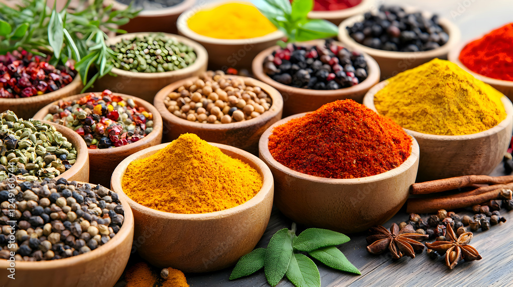 a variety of spices arranged in small black bowls, each showcasing a different color and texture. The spices are scattered around the bowls, creating a visually appealing composition. a variety of spices arranged in small black bowls, each showcasing a different color and texture. The spices are scattered around the bowls, creating a visually appealing composition.