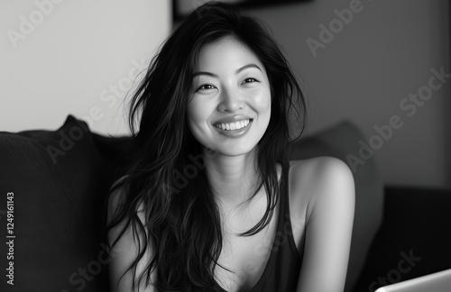 Black and white portrait of a woman with long hair, smiling warmly while sitting on a couch in a relaxed indoor setting photo