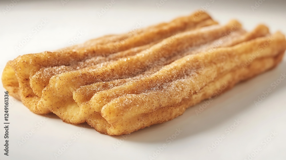 A golden-brown churro dusted with cinnamon sugar, neatly displayed on a white surface A golden-brown churro dusted with cinnamon sugar, neatly displayed on a white surface