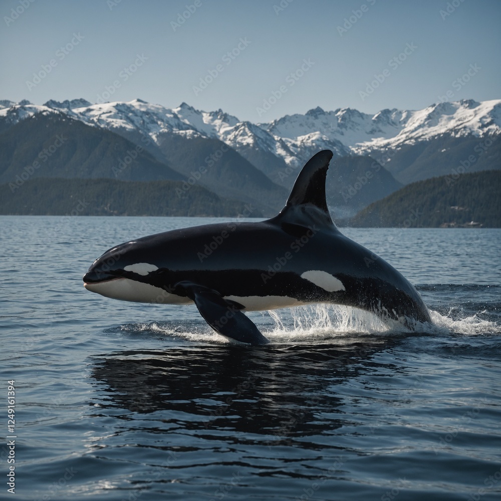 Obraz premium A graceful orca whale in mid-jump against a clear backdrop. Dolphin in the seakiller wale in a clean water An orca breaches the surface of a serene ocean with mountains in the background.