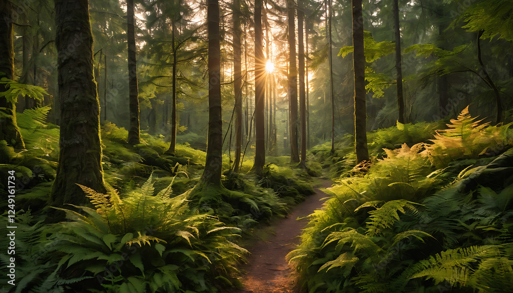 Fototapeta premium Sunlit in a forest before sunset end of summer