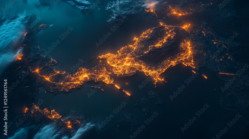 Obraz premium Spectacular nighttime eruption event capturing japan’s volcanoes dramatic aerial view stunning natural landscape fiery lava flow