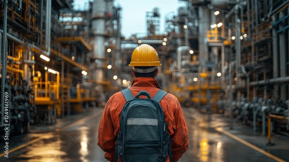 Industrial Worker Contemplating Future Amidst Complex Refinery Industrial Worker Contemplating Future Amidst Complex Refinery