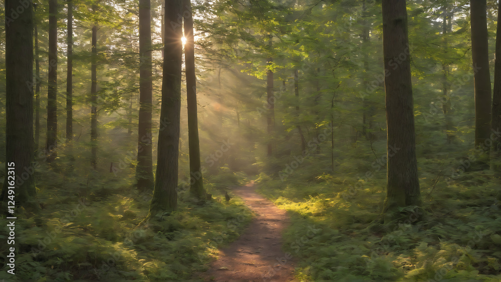 Obraz premium Sunlit in a forest before sunset end of summer