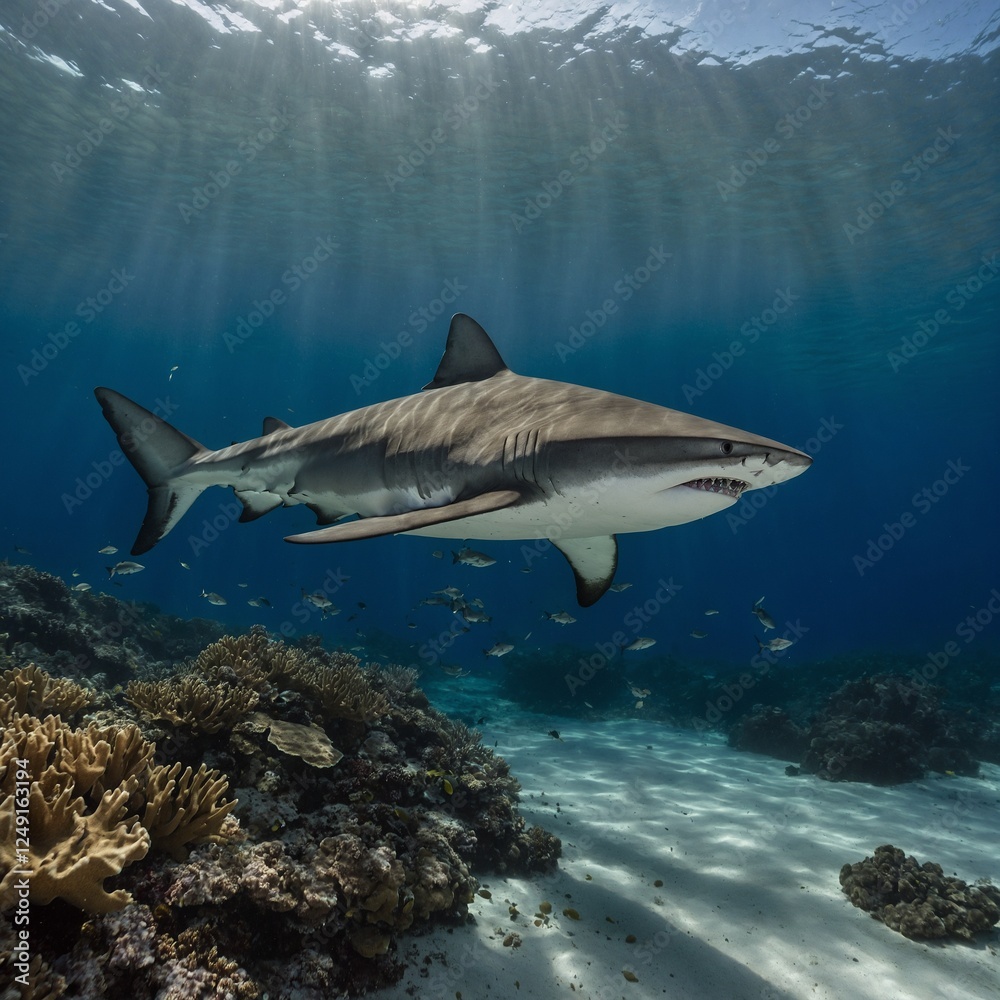 Fototapeta premium Majestic Tiger Shark in Vibrant Coral Reef Majestatyczny rekin przemierzający słoneczne wody oceanu photo of a shark on the seabed, very lucky to meet one