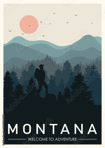 Montana travel illustration. Montana retro poster. United States of America greeting card