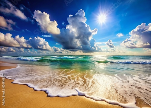 Serene Beach Scene: Sunlit Shore with Crashing Waves and Fluffy Clouds
