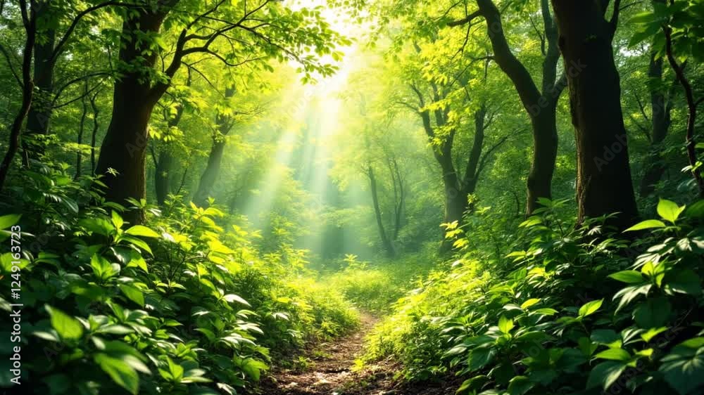 A serene forest scene with a sunbeam illuminating the path. A serene forest scene with a sunbeam illuminating the path.