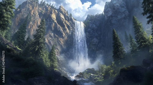 Majestic waterfall cascading down mountain, lush forest backdrop, nature serenity
