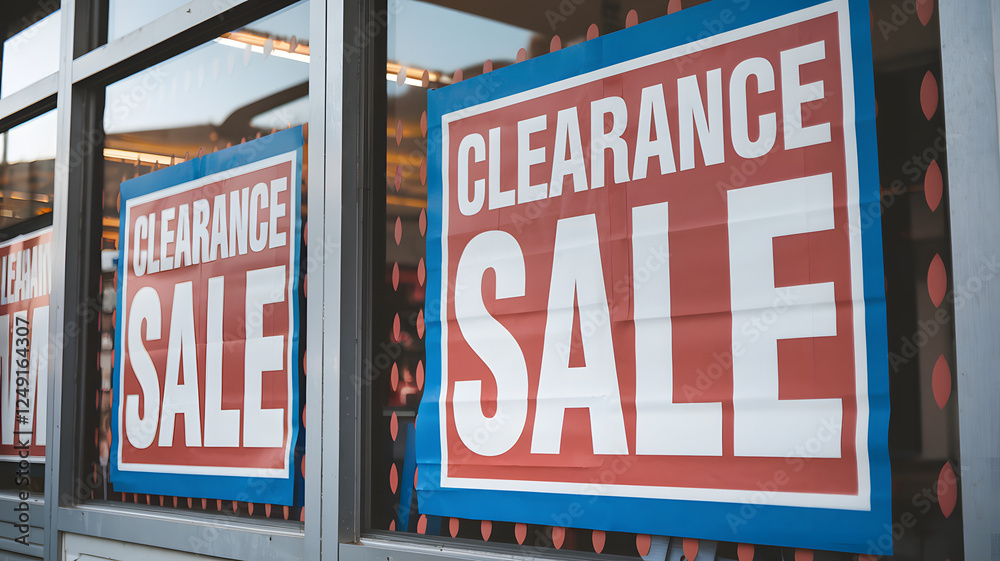 Obraz premium Clearance sale signs displayed prominently in store windows, attracting shoppers with enticing discounts and promotions, reflecting the excitement and urgency of retail bargains.