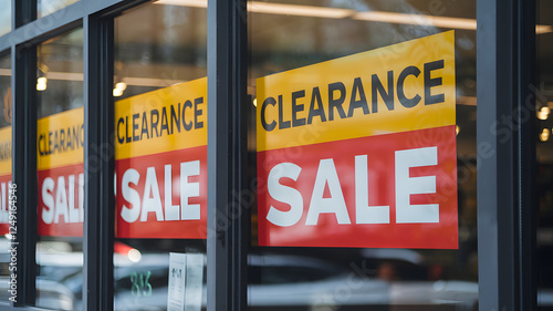 Clearance sale signs displayed prominently in store windows, attracting shoppers with enticing discounts and promotions, reflecting the excitement and urgency of retail bargains.
