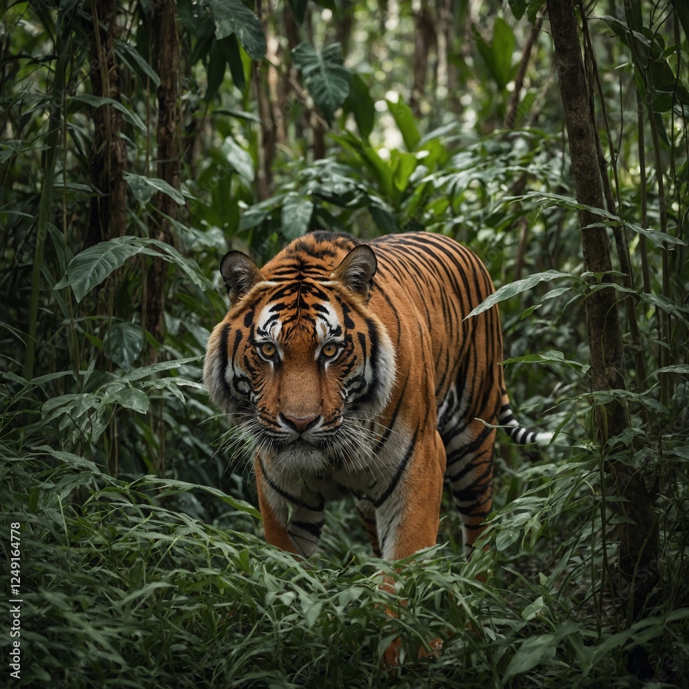 A regal tiger walking through a misty jungle at dawn. A tiger prowls through dense jungle foliage, showcasing its natural habitat and beauty.A tiger walking gracefully through tall grass with a misty A regal tiger walking through a misty jungle at dawn. A tiger prowls through dense jungle foliage, showcasing its natural habitat and beauty.A tiger walking gracefully through tall grass with a misty