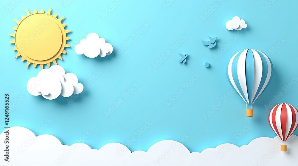 Whimsical digital illustration with a bright blue sky, paper-cut hot air balloons, fluffy clouds, a yellow sun, and stylized birds. Playful and modern design. Whimsical digital illustration with a bright blue sky, paper-cut hot air balloons, fluffy clouds, a yellow sun, and stylized birds. Playful and modern design.