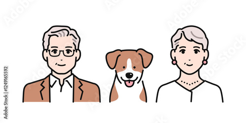 犬を飼っているシニア夫婦のシンプルなベクターイラスト