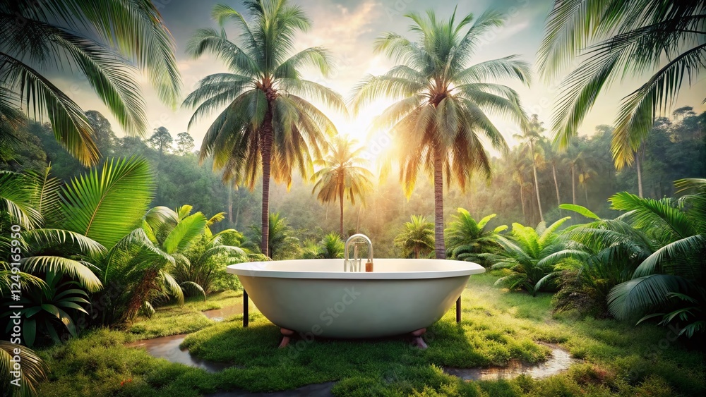 Obraz premium Serene Palm Tree Tub Oasis: Relaxing Bath in Lush Park Setting
