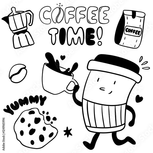 Coffee cup runs, packaging, coffee pot, inscription coffee time and jammy, cookies in hand-drawn style, large set for coffee shop