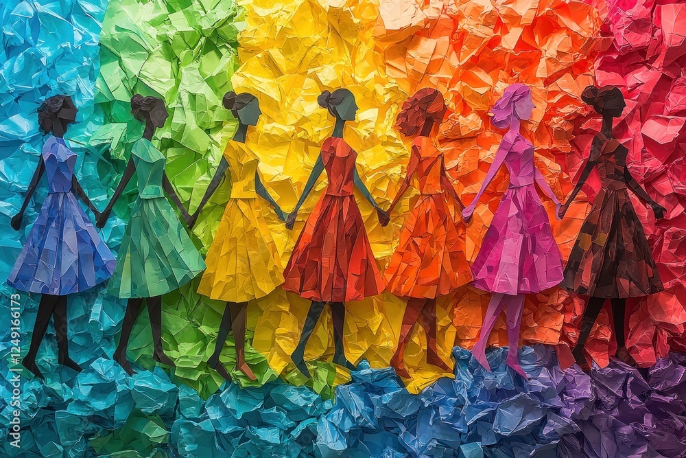 Fototapeta premium Colorful paper silhouettes of women holding hands against a vibrant backdrop