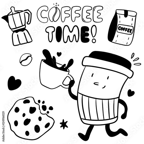 Coffee cup runs, packaging, coffee pot, inscription coffee time and jammy, cookies in hand-drawn black line style, large set for coffee shop