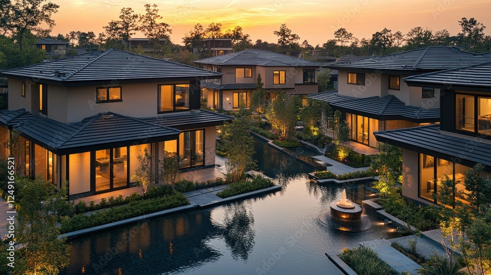 Fototapeta premium Luxury Waterfront Homes at Sunset