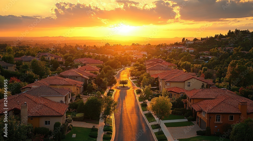 Obraz premium Golden Hour Serenity: Aerial View of Upscale Suburban Neighborhood at Sunset
