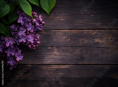 Lilac flowers on a wooden background with copy space for text. Greeting card or banner design. Spring concept. 