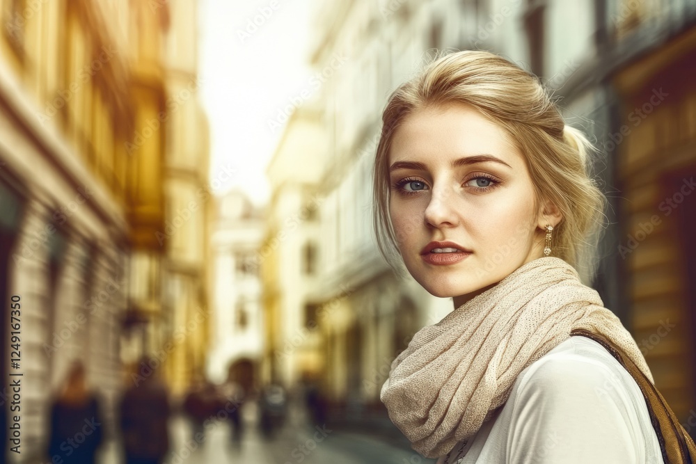 Fototapeta premium Young woman with a stylish scarf walking in a vibrant city street