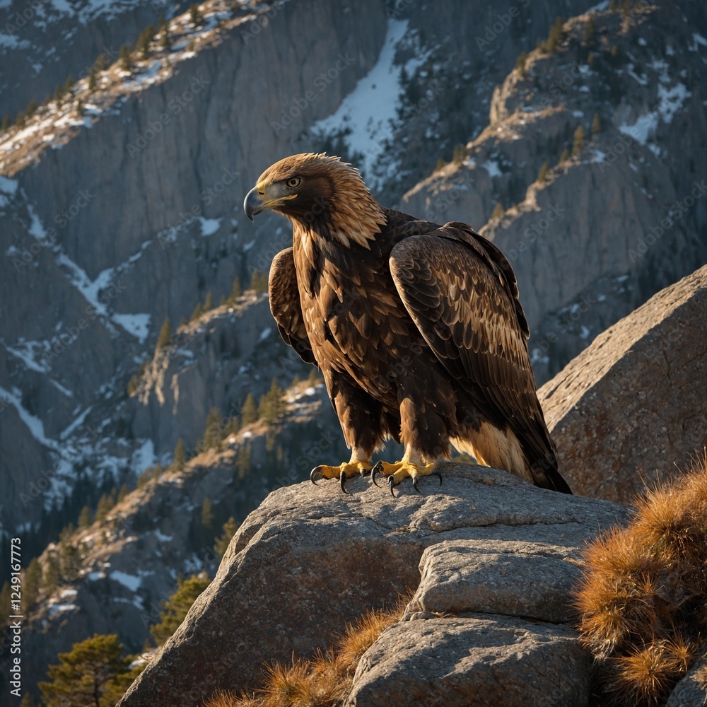 Fototapeta premium Eagle. A golden eagle perched on a jagged peak with storm clouds gathering in the distance. a bald eagle perched on a rock in the mountains. A golden eagle perched on a rocky outcrop overlooking a 