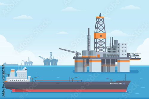 Offshore Oil Rig & Tanker Ship Vector Illustration. Flat Style and Fully Editable , Ideal for Infographics & Designs