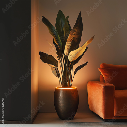 Burnished Brass Lamp Shaped Like Licuala Grandis with LED Backlight photo