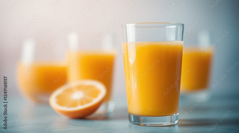 Multiple glasses of fresh orange juice with a sliced orange on a reflective surface Multiple glasses of fresh orange juice with a sliced orange on a reflective surface