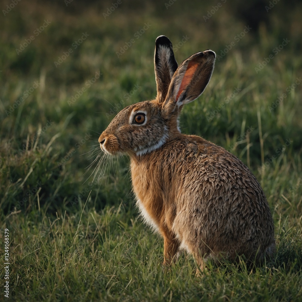 Fototapeta premium Portrait of a rabbit Hare Hidden in Green Field. Bunny in Field Detailed Portrait of a Rabbit on a Lawn Snow Bunny at Rest