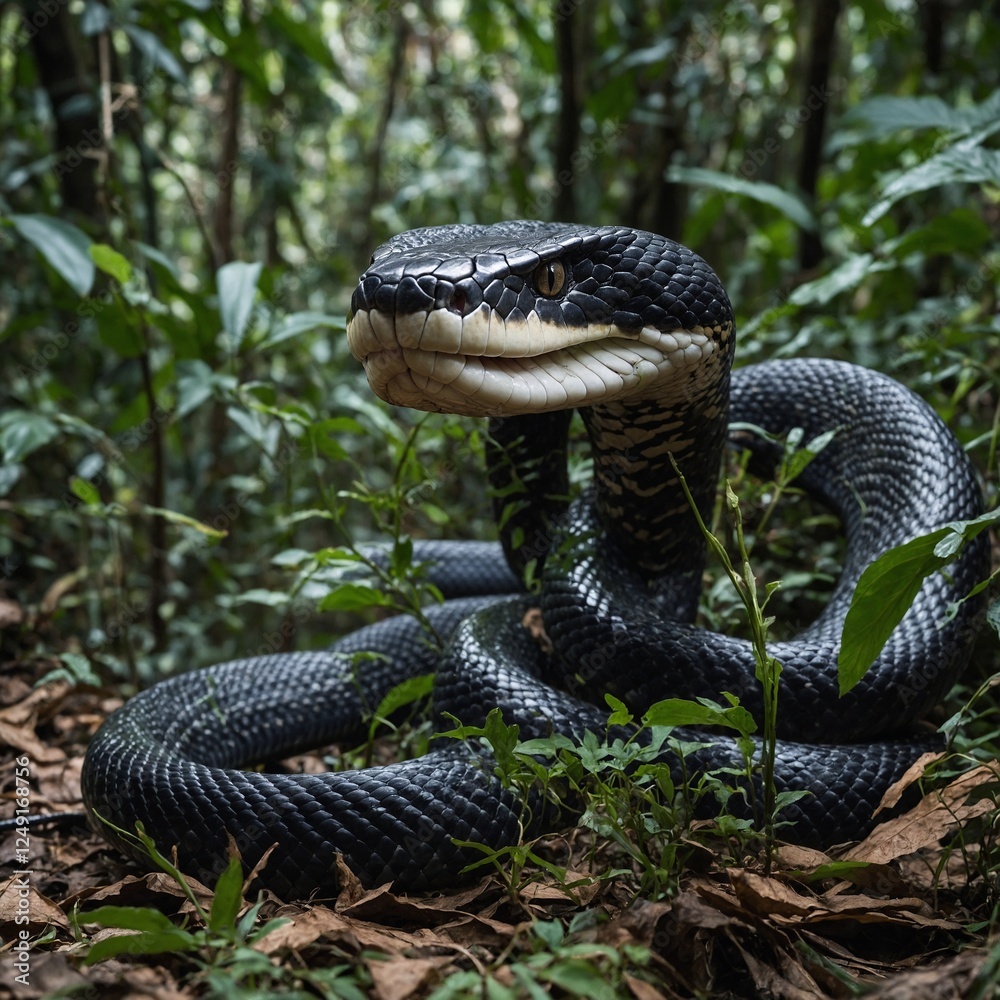 Venomous Black King Cobra Mamba negra. A snake coiled on a branch in a dense jungle. Sleek Black Mamba Slithering Through Lush Rainforest in Midday Light Venomous Black King Cobra Mamba negra. A snake coiled on a branch in a dense jungle. Sleek Black Mamba Slithering Through Lush Rainforest in Midday Light