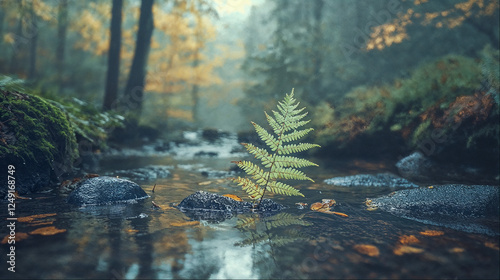 Lone fern leaf in tranquil forest stream photo