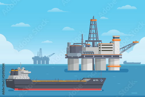 Offshore Oil Rig & Tanker Ship Vector Illustration. Flat Style and Fully Editable , Ideal for Infographics & Designs