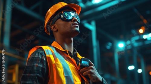 A male industrial worker in safety gear looks upward in a brightly lit factory at night.