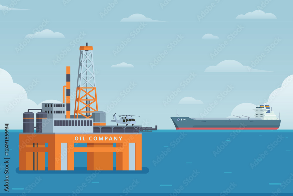 Obraz premium Offshore Oil Rig & Tanker Ship Vector Illustration. Flat Style and Fully Editable , Ideal for Infographics & Designs